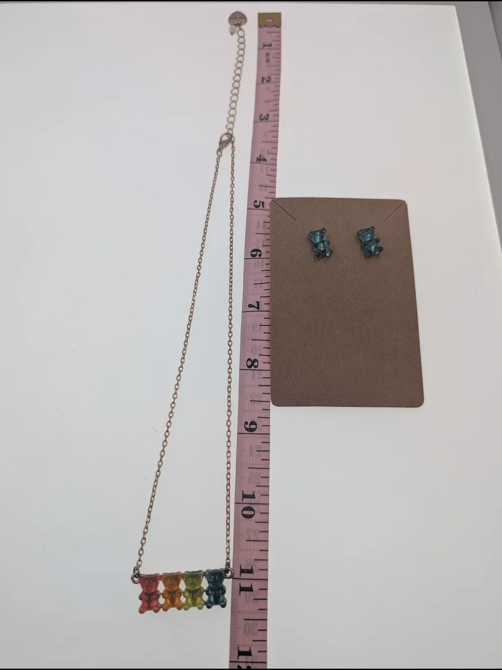 Betsey Johnson Multicolor Gummy Bear Pendant Necklace with Teal Studs 0102